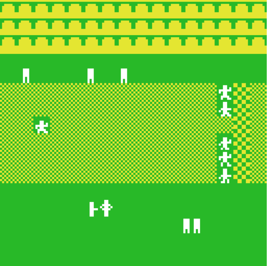 A picture of a bitsy game with pixel art in green, yellow, and white. It shows a race track, stadium seats, and people gathered around the track. Some of them are lined up near the starting line.