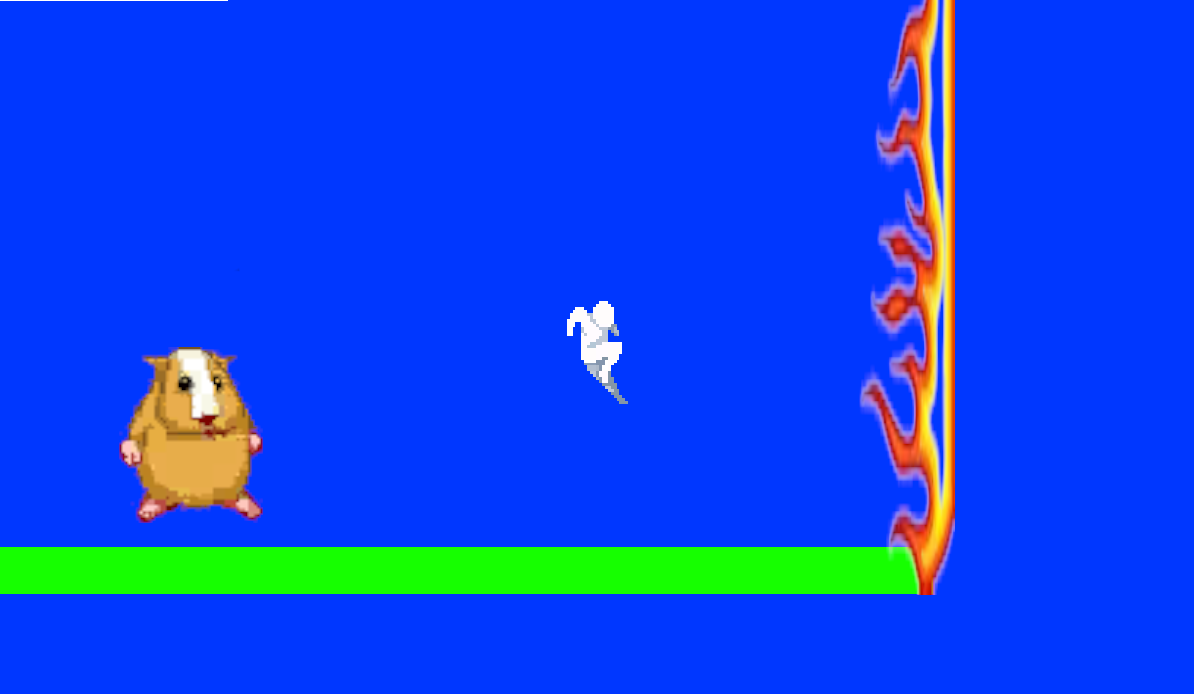 A video game level with a blue blackground and green platforms. An entirely white prototype player character is falling from the center of the screen. There is a stretched jpeg of a firewall to the right and a low resolution cartoon hamster to the left.