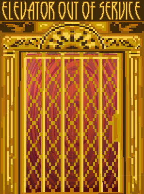 A pixel art picture of an old-fashioned gold elevator gate in front of a red, swirling portal. On either side of the gate is a gold column. Above the image is gold text which reads 'Elevator Out Of Service.'