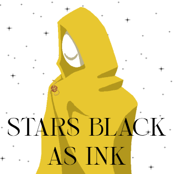 A logo showing a figure with a white, smiling mask, drawn in pixelart. In front of them is black lettering which reads 'Stars Black as Ink.' The background is white with black stars.