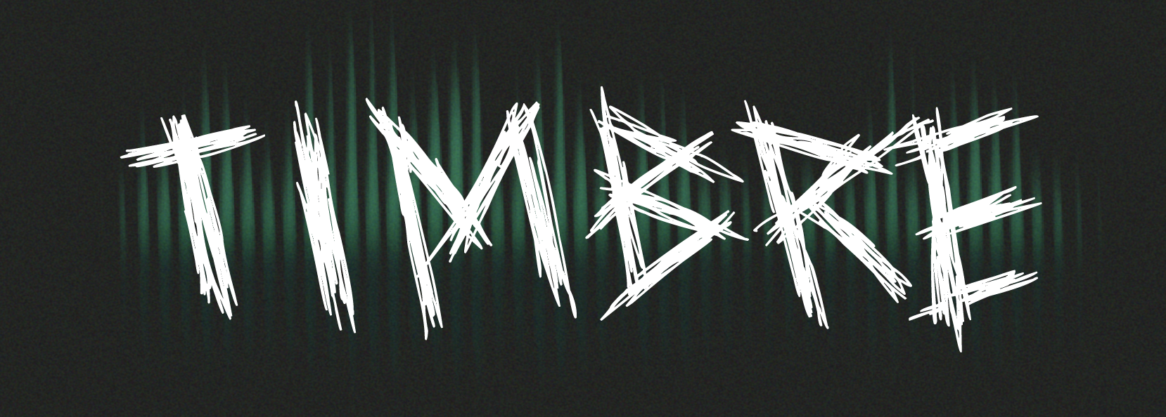 A logo which reads 'Timbre' in a font of scratched lines.Behind the word is static and a green waveform.