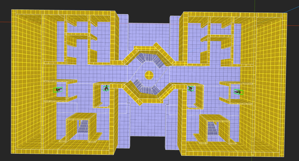 A top-down view of a prototype Quake map. The map is symmetrical and colored with purple and yellow for high contrast between the floors and walls, with grid textures.