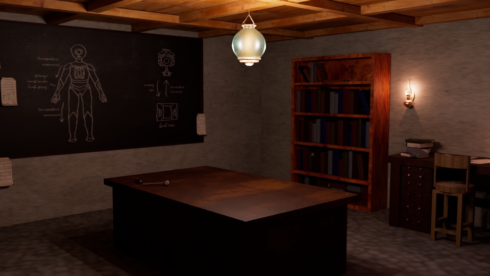 An image of a 3D modeled room. A large wooden table sits in the center, on top of which are a screwdriver, a hammer, and a wedding ring. A lamp hangs above the table, casting warm light. On the left wall is a chalkboard with a schematic of a robot. Curling papers hand from the chalkboard. A bookshelf and desk are visible on the right. The desk is covered in books and papers.